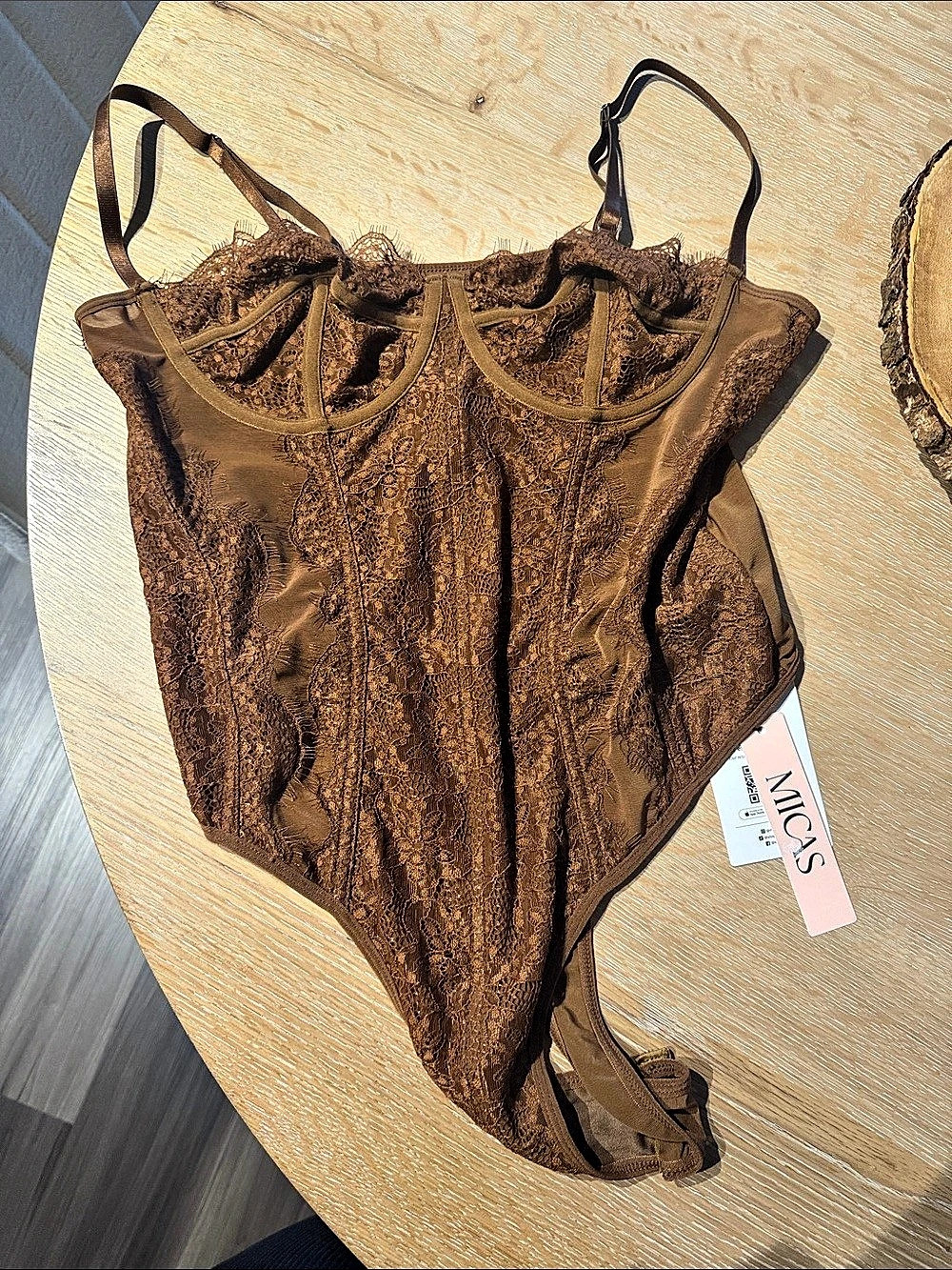 Micas Mesh Sheer Patchwork Bustier Corset Slip Sleeveless Bodysuit Brown